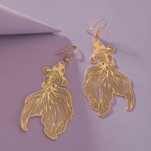 Lg Goldfish Earrings + Fish Bowl Pin Jewelry set - Picture 2 of 4